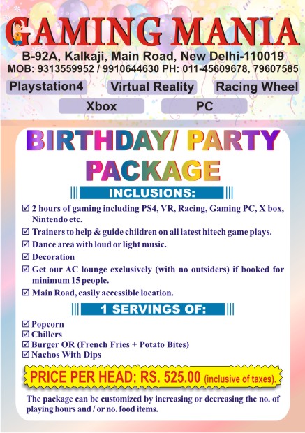 Price list for Birthday Party