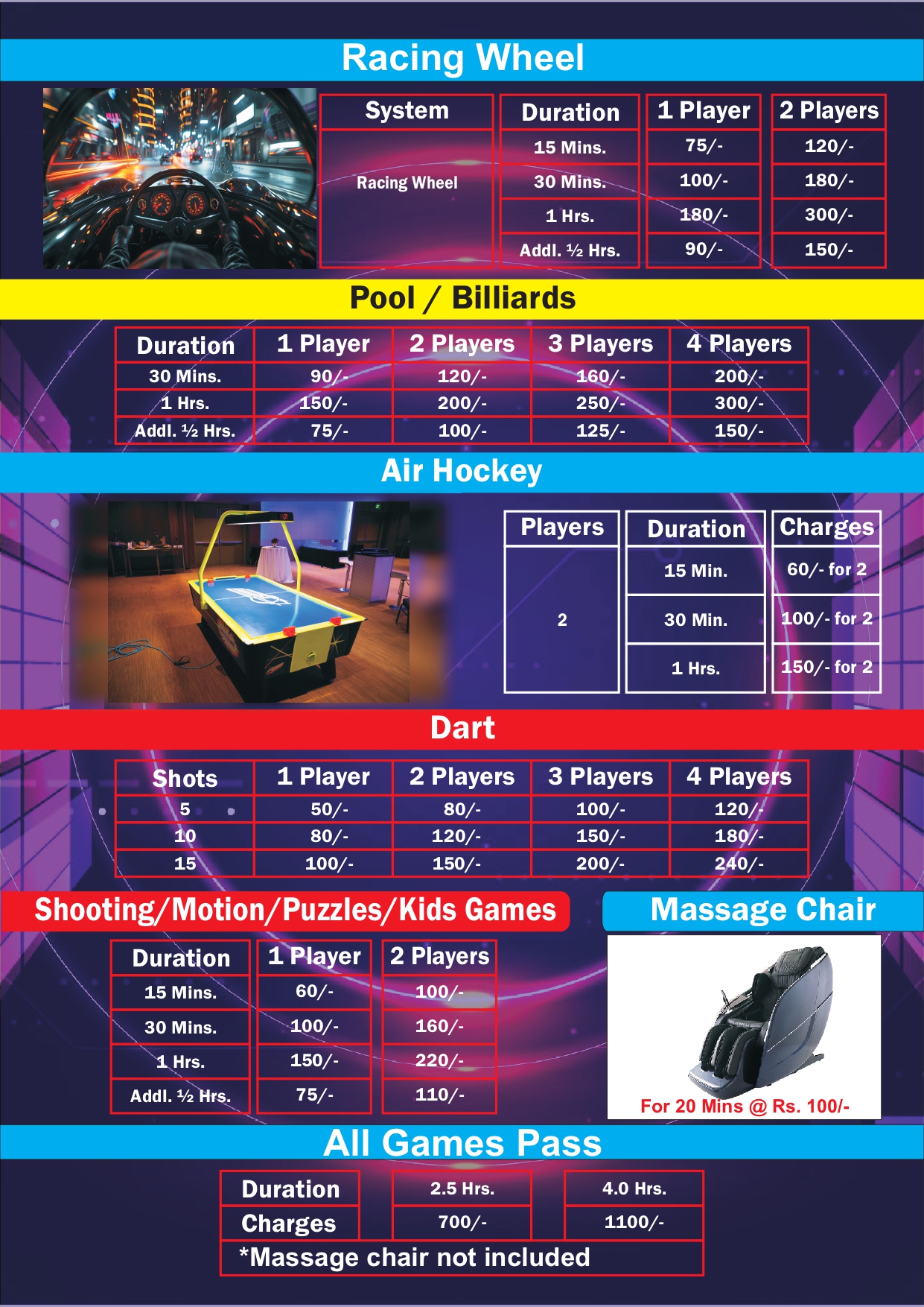 gaming zone pricing list